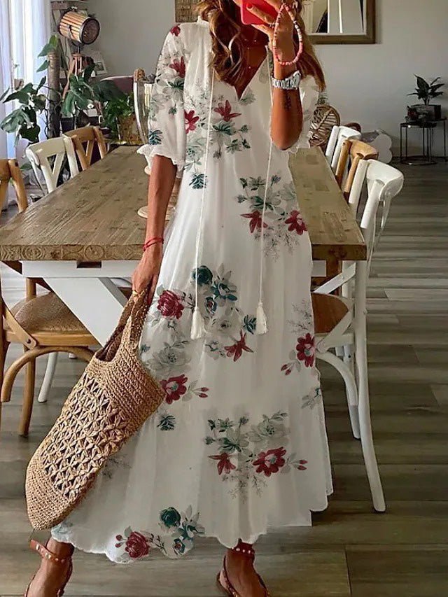 Women's Dresses V-Neck Printed Beard Mid-Sleeve Maxi Dress - Maxi Dresses - Instastyled | Online Fashion Free Shipping Clothing, Dresses, Tops, Shoes - 02/08/2022 - 30-40 - color-camel