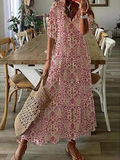 Women's Dresses V-Neck Printed Beard Mid-Sleeve Maxi Dress - Maxi Dresses - Instastyled | Online Fashion Free Shipping Clothing, Dresses, Tops, Shoes - 02/08/2022 - 30-40 - color-camel