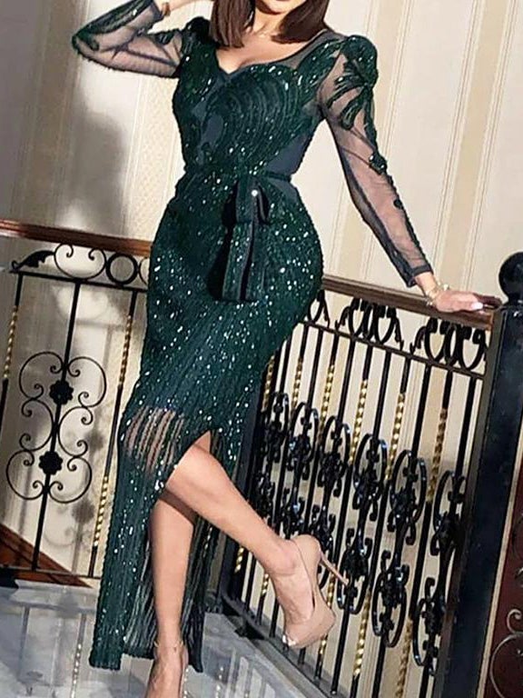 Women's Dresses V-Neck Sequin Split Belted Long Sleeve Dress - Maxi Dresses - Instastyled | Online Fashion Free Shipping Clothing, Dresses, Tops, Shoes - 22/12/2021 - color-dark_green - Color_Green