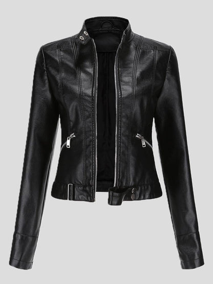 Women's Jackets Short Stand-Up Collar Zipped Leather Jacket - Coats & Jackets - INS | Online Fashion Free Shipping Clothing, Dresses, Tops, Shoes - 26/08/2021 - Coats & Jackets - color-black