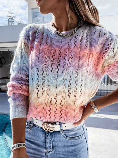Women's Sweaters Gradient Tie-Dye Rainbow Round Neck Cutout Sweater - Cardigans & Sweaters - INS | Online Fashion Free Shipping Clothing, Dresses, Tops, Shoes - 21/10/2021 - 40-50 - Cardigans & Sweaters