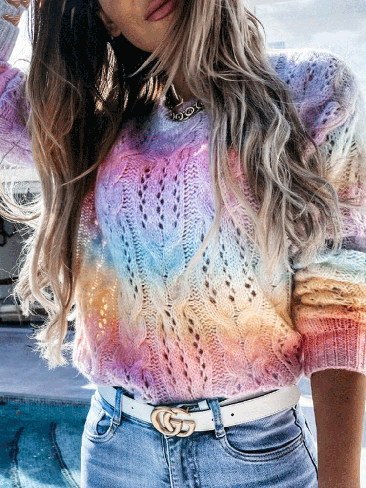 Women's Sweaters Gradient Tie-Dye Rainbow Round Neck Cutout Sweater - Cardigans & Sweaters - INS | Online Fashion Free Shipping Clothing, Dresses, Tops, Shoes - 21/10/2021 - 40-50 - Cardigans & Sweaters