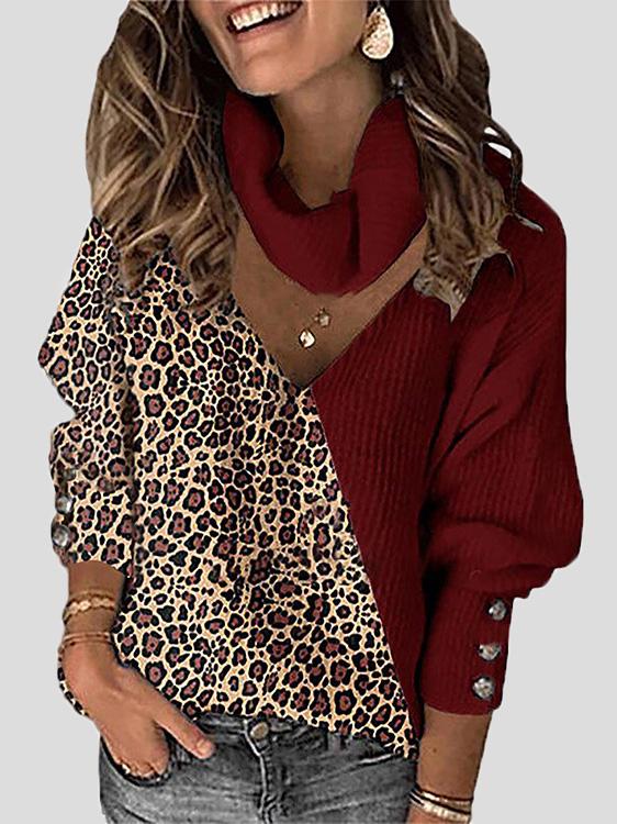 Women's Sweaters Leopard Print Color Block V-Neck Scarf Sweater - Cardigans & Sweaters - INS | Online Fashion Free Shipping Clothing, Dresses, Tops, Shoes - 20-30 - 31/08/2021 - Cardigans & Sweaters