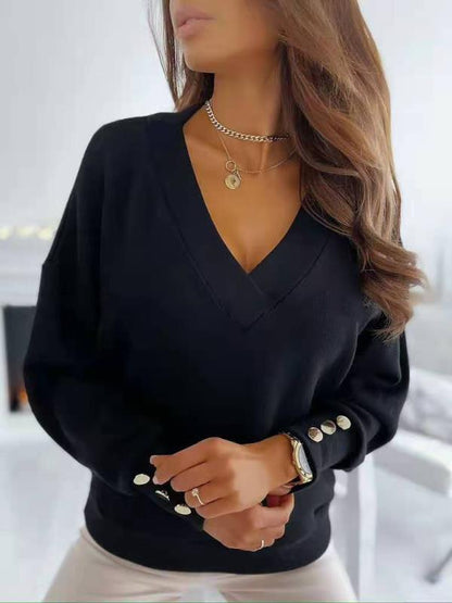 Women's Sweaters Solid V-Neck Long Sleeve Button Sweater - Cardigans & Sweaters - INS | Online Fashion Free Shipping Clothing, Dresses, Tops, Shoes - 15/10/2021 - Cardigans & Sweaters - Color_Black
