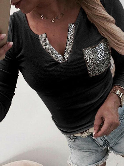 Women's T-Shirts Sequined V-Neck Pocket Long Sleeve T-Shirt - T-Shirts - INS | Online Fashion Free Shipping Clothing, Dresses, Tops, Shoes - 10-20 - 14/09/2021 - Category_T-Shirts