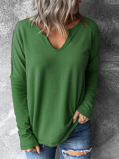 T-Shirts - Solid Pullover V-Neck Long Sleeve T-Shirts - MsDressly