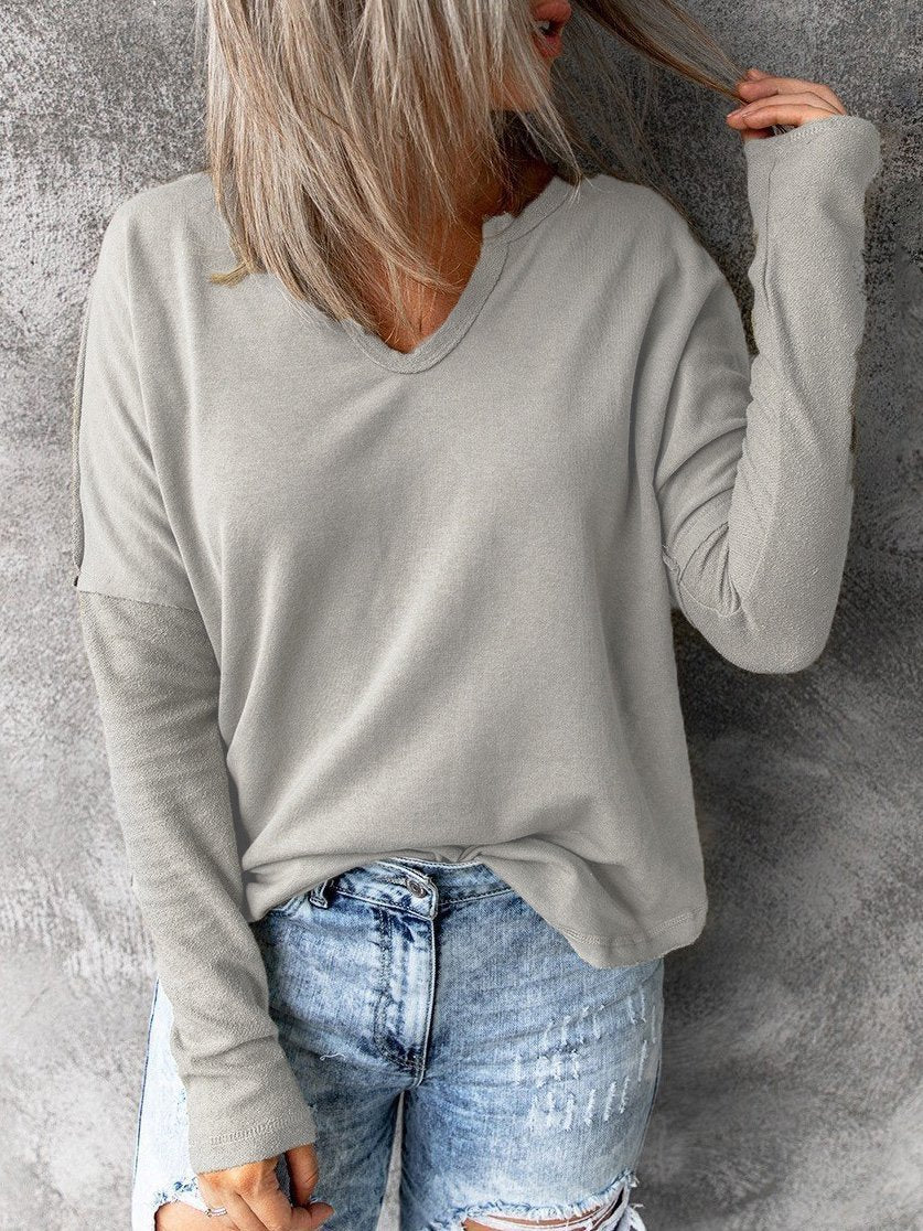 T-Shirts - Solid Pullover V-Neck Long Sleeve T-Shirts - MsDressly