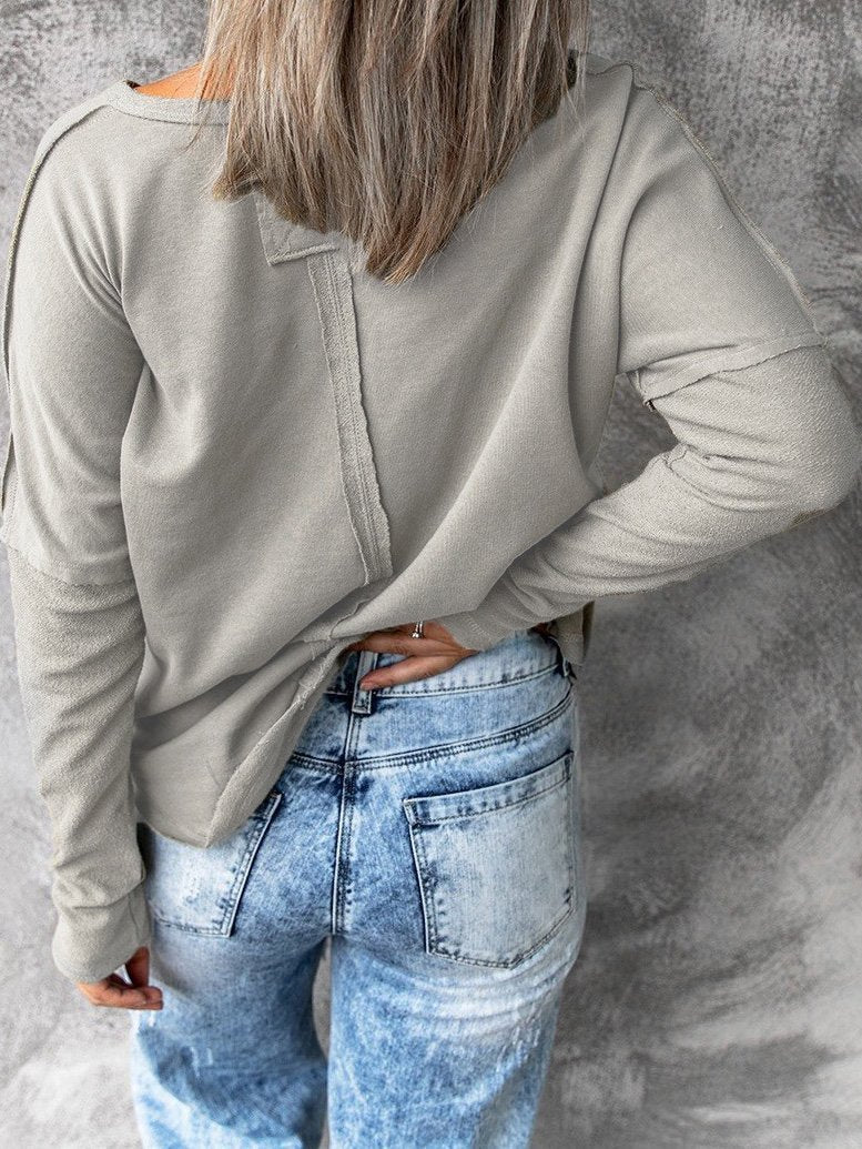 T-Shirts - Solid Pullover V-Neck Long Sleeve T-Shirts - MsDressly